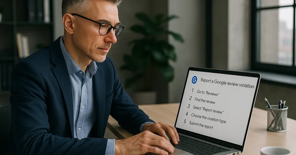 Unternehmer prüft Schritte zur Meldung einer unzulässigen Google-Bewertung am Laptop